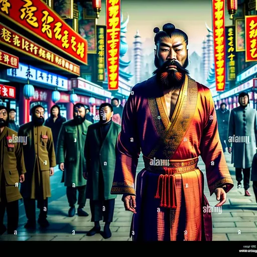 Prompt: A captivating image emerges - a bearded Asian man donning a unique fusion of Eastern and Western attire. His long necktie adds a touch of formality, and his overcoat robe completes his outfit. He radiates strength, resembling a terra cotta warrior in a necktie. The scene is set amidst the backdrop of futuristic Chinese buildings, evoking a realistic and picturesque landscape. The photograph captures the essence of this intriguing blend, inviting viewers to delve deeper into the fusion of cultures.