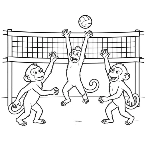 Prompt: create a black and white outline image of monkeys playing volleyball that is colorable can you make sure they all have the correct number of arms/ legs