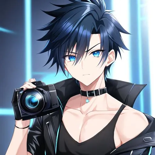 Prompt: Tetsu 1male. Short black hair with vibrant streaks of electric blue, that gives off an eye-catching look. Soft and mesmerizing blue eyes. Wearing a black leather jacket with a dark gray t-shirt underneath that adds a subtle contrast to the outfit. Cool and edgy, black skinny jeans. Holding a camera. UHD, 8K, photography equipment in the background