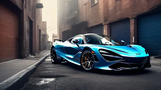 Prompt: McLaren 720s in light blue, in a dark forgotten trash filled alley way, no light coming in, with trash flying around, in the crack of dawn