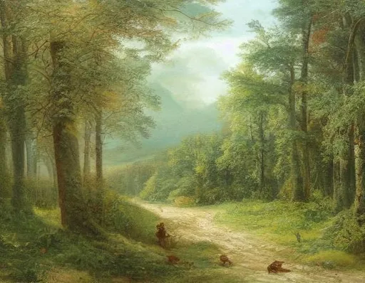 Prompt: Painted landscape of deep forest. Oil painting. High quality and value. Ivan shishkin. Many different plants and trees. Some small mushrooms. One ginger dog is walking. Natural light. bright colours. 