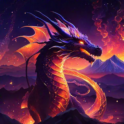 Prompt: An elegant translucent dragon that is glowing, beneath the stars, sunset, volcano background, highres, best quality, concept art