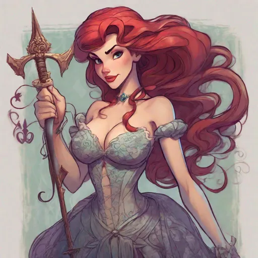 Prompt: Vivid, detailed, Disney art style, full body, Ariel Disney Princess, Hair part on left side, lacey dress, holding dagger, evil, smirk, visible cleavage