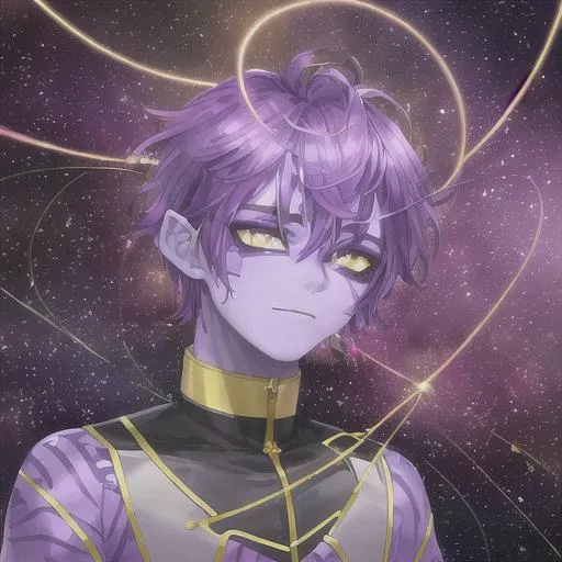 Prompt: A high quality alien man with purple skin and purple hair and yellow eyes, wears a uniform, surrounded by stars, a golden string dances around him, science fiction, beautiful, colorful, handsome, photorealistic face