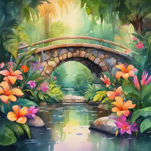 Prompt: Large stone bridge over jungle tropical creek in Gouache Style, with lush spring garden in vibrant blooms, with a kaleidoscope of flowers and vines set against warm, golden light. Soft focus on flower petals and crisp details on delicate water droplets create a dreamlike atmosphere to add a touch of magic; watercolor masterpiece, gouache watercolors textured on canvas, 4K resolution, matte painting; clean and precise; perfect; no flaws; dynamic lighting; volumetric lighting; mid-morning lighting and shadows; no people; no one; no person.