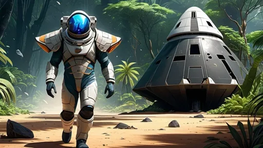 Prompt: a sole survivor cone-headed male annunaki explorer allalu wearing a fish-scale-space-suit walks toward camera away from a heavily-damaged-crashed-spaceship in the background, stranded all alone, lush jungle landscape