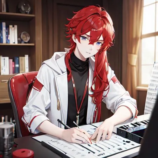 Prompt: Zerif 1boy (Red side-swept hair covering his right eye) as a young adult composing music, UHD, 8K, highly detailed, 