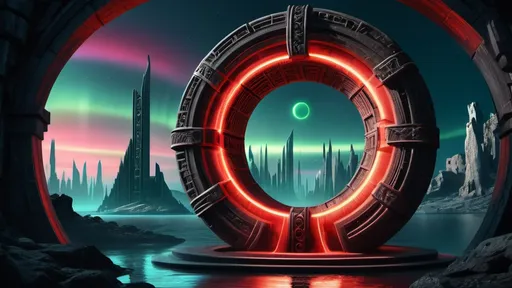 Prompt: magical portal between cities realms worlds kingdoms, circular portal, ring standing on edge, upright ring, freestanding ring, hieroglyphs on ring, complete ring, ancient roman architecture, atlantis setting, red aurora borealis, panoramic view, dark night, futuristic cyberpunk tech-noir setting