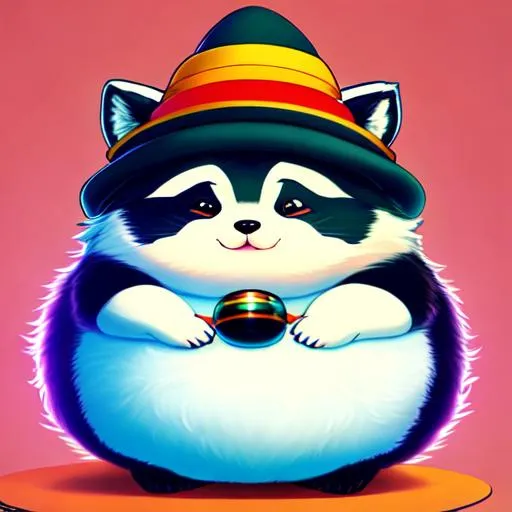 Prompt: (((fat round raccoon))) wearing (((wizard hat))), (((fluffy))) art style of sam yang and james jean! cute (((neon))) surrealism, magic