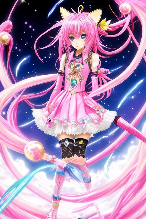 Prompt: anime art, (masterpiece), best quality, expressive eyes, perfect face, full body, 1girl, pink haired fourteen years old girl, dressed in an outfit in shades of pink, wielding a pike with, pink and white chocker with a pink gem, long pink hair, pink eyes, twintails, pink furred fox ears and tail, knee-high pink boots, thigh high white stockings, surrounded by falling flower petals