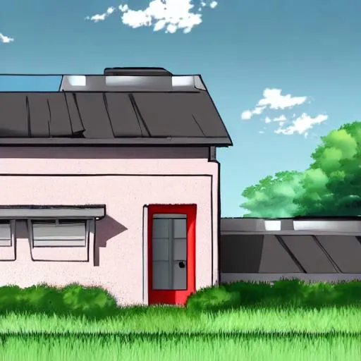 Prompt: A house with wall, grey wall, roof of house red, anime style, front view