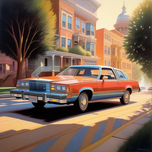 Prompt: 1980s, Cincinnati, car chase, sunny weather, warm atmosphere, cartoony style, extremely detailed painting by Greg Rutkowski and by Henry Justice Ford and by Steve Henderson