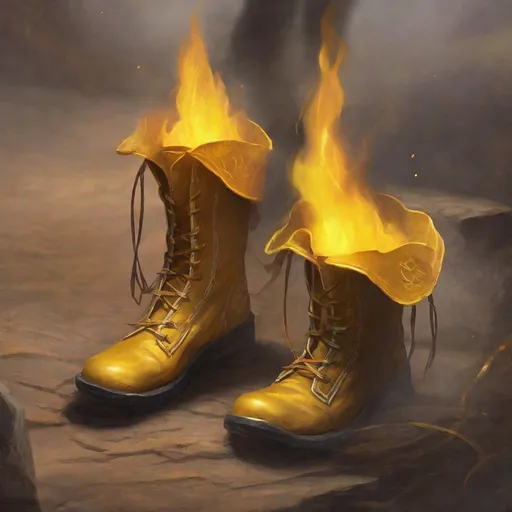 Prompt: bright yellow glowing leather medieval boots on running legs leaving a trail of fire, magic the gathering, dungeons and dragons, fantasy, award winning, artstation, 