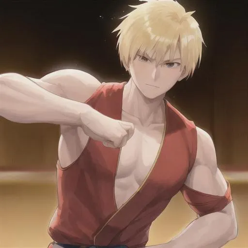 Prompt: young man
blonde
red gi
hadoken
ken masters