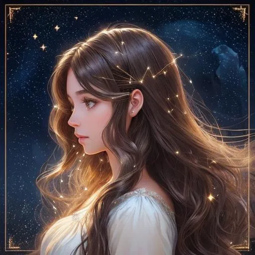 Prompt: A beautiful angel woman with magical flowing brunette hair in the style of constellations and the night sky 
profile picture