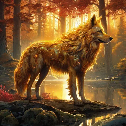 Prompt: Insanely beautiful (canine quadruped) that is glowing, thick golden mane, on two legs, translucent, luminescent, illusion, glistening fiery mane, glows like the sun, flaming red eyes, majestic wolf face, energetic fox, in a magical forest near a lake, sunrise, beneath the stars, crystal lake, corona, glowing outline, waterfall, bioluminescent, highres, best quality, concept art, epic digital art, intricately detailed, cinematic, 8k eyes, highly detailed eyes, highly detailed, 64k, vibrant, UHD, professional, intricately detailed background