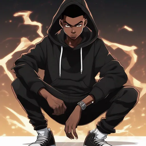 Prompt: Anime Style, African American young teenage male, wearing black hoodie, with black jeans, pitch black dbz aura.