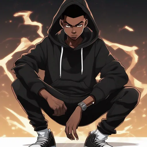 Male Black anime character with purple powers and me