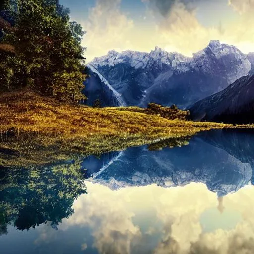 Prompt: ultra realistic, masterpiece, absurd resolution, ultra HD, 64k. HDR, UHD, highly detailed, professional photograph, hyper realistic, high resolution scan landscape, sun glaring through the mountains, reflecting on the water, night-time, some clouds, huge mountains (snow on top), 1 picture, trees on side