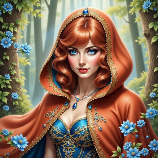 Prompt: Amidst a lush, green forest dappled with soft morning light, a young woman with striking auburn hair emerges, draped in an ornate rust-colored cloak. The cloak frames her delicate features and highlights her expressive, bright eyes, which convey a blend of curiosity and serenity. Her attire beneath the cloak is richly detailed, adorned with floral patterns in golden hues, complementing her gentle yet confident demeanor. The surrounding foliage, with its vibrant leaves and the hint of distant, towering trees, creates an enchanting atmosphere that evokes a sense of mystery and fairytale allure, while the subtle play of light adds an ethereal quality to the scene.