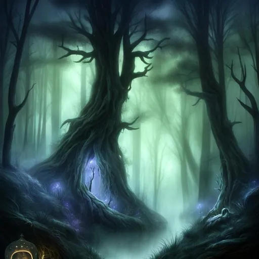 Prompt: Dark, fog, gloom, eerie, wet, pine trees, shadows, night, fog rolling in, lonely forest close by, trees, wisp, gloom, very dark, lightning,  willow, will'o'wisp, lantern, fantasy, illustration, dryad, druid, hermit, ranger, nature