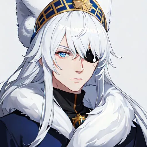 Prompt: Russia as a male human, 8k, UHD,  highly detailed, white hair, blue eyes, wearing a fluffy giant jacket and an ushanka, wearing an eye patch, close up