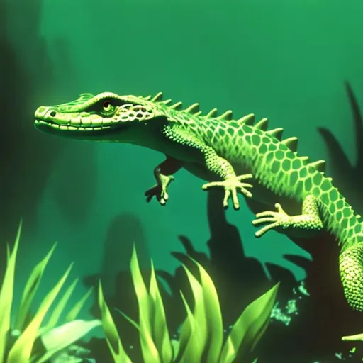 Prompt: Gex the lizard swimming underwater