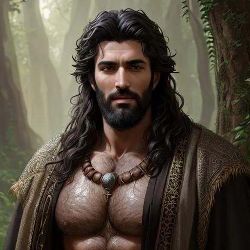 Prompt: Photo of Arab druid with black hair and a handsome face, very detailed eyes, very hairy chest, short hair, outdoors, perfect composition, hyperrealistic, super detailed, 8k, high quality, trending on artstation, sharp focus, studio photo, intricate details, highly detailed, by greg rutkowski 
