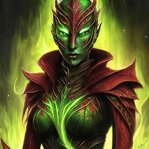 Prompt: red and green portrait female daedric princess, green fire background elder scrolls art