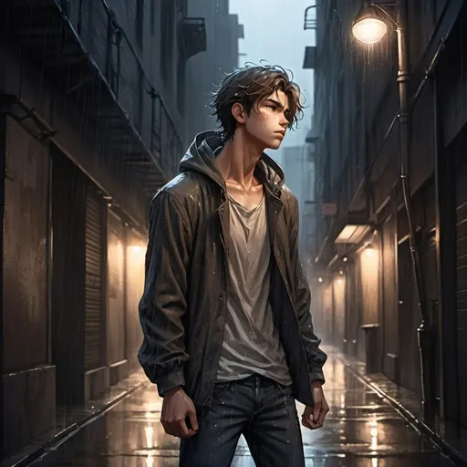 Prompt: anime art. brave young man standing in the rain with his hand clutch, taking a deep breath, leaning back. dark rough city alley with glass reflecting the light.