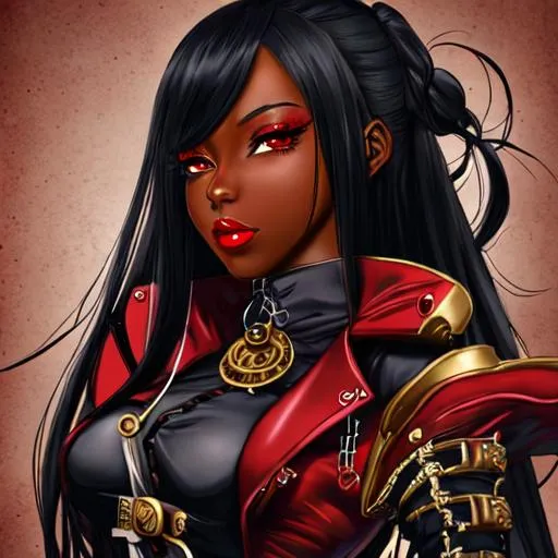 Prompt: anime, lady, red lips, dark skin, dark eyes, long black hair, steampunk