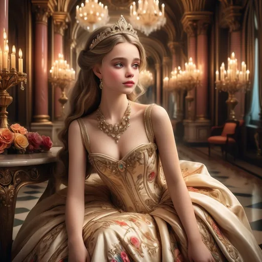 Prompt: elegant historical princesses in luxurious costumes, richly adorned with intricate details, opulent fabrics, and regal embellishments, enchanting palatial settings with grand architecture and lavish decor, warm and vibrant colors, magical and enchanting atmosphere, capturing beauty and grace, fairy tale ambiance, high definition, ultra-detailed design.