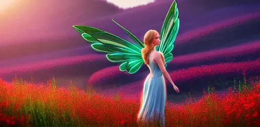 Prompt: An elegant winged fairy in the lord of the harry potter  
water  landscape, looking out at a vast lush hills
flowers and homes made of Red wine, streams, 
sunrise, god's rays highly detailed, vivid color, 
cinematic lighting, perfect composition, 8k, 
render.

