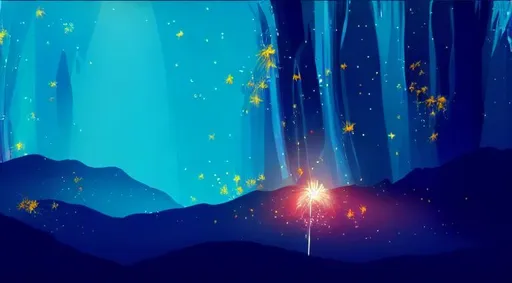 Prompt: Anime mountain landscape with fireworks and one firework shaped like a gold fish