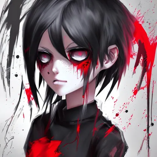 Prompt: digital style painting, emo anime girl, black long messy hair, sharp red eyes, black eyeshadow, gray shirt, colored background