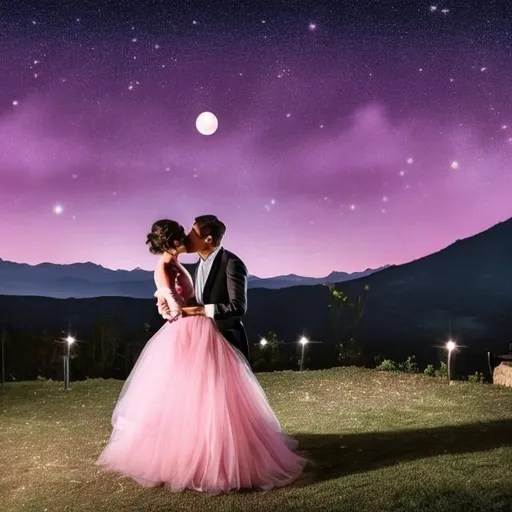 Prompt: couples kissing the girl wearing  a pink shimmering ballgown by the mountains at night with butterflys around them and a full moon and a spotlight on the couple
