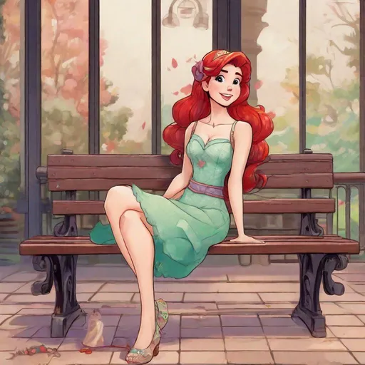 Prompt: Vivid, detailed, Disney art style, full body, Ariel Disney Princess, Hair part on left side, full body, cute, tokyo, sitting on bench, ladylike