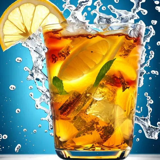 Prompt: iced tea with water splash, clear background. no lemon, no leaves