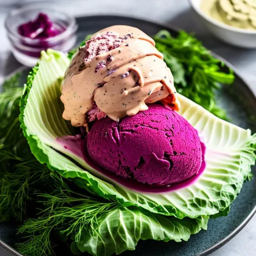 Prompt: A head of cabbage with a beet in an ice cream cone and topped with a dill sauce dressing, ultrarealistic, sunsine, 8K