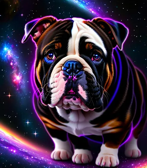 Prompt: Cosmic Epic Beautiful (Beautiful playful {Furry!! English Bulldog}Puppy, Beautiful big reflective eyes), hyper realistic,  expansive Nebula background, hyper realistic, 8K --s99500
