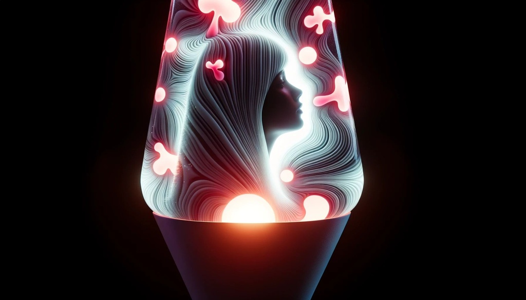 Prompt: Wide render where the silhouette of a girl's face is becoming visible through the whimsical and flowing patterns of a lava lamp, highlighted by luminescent glow.