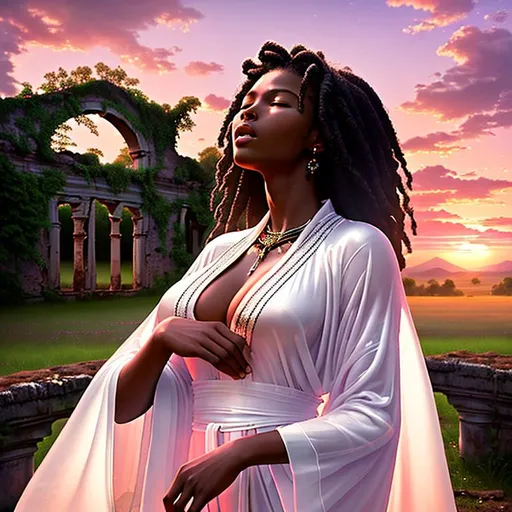 Prompt: (Hyperrealistic highly detailed photography of an ebonian woman singer singing)
Beautiful, young, inspiring, moving, innocent, emotional, closed eyes. White translucent silk robe. Old ruins. Tribal. Early morning, sunrise. Pink sky.