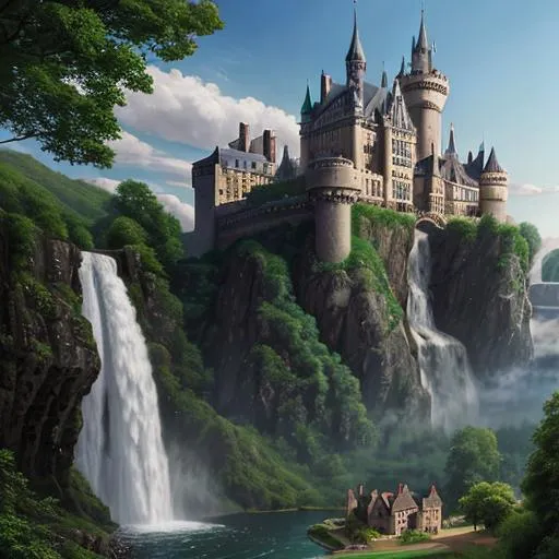 Prompt: A waterfall with a medievall castle in the background