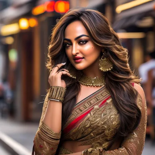 Prompt: long shot, full body , long  legs,   , photo realistic , SonakshiSinha , l,  best quality, hyper realistic ,intricate details , detailed skin texture, , 8k uhd,  DSLR, sunny ,  film grain , high quality  , fujifilm XT3, city street, open restaurant