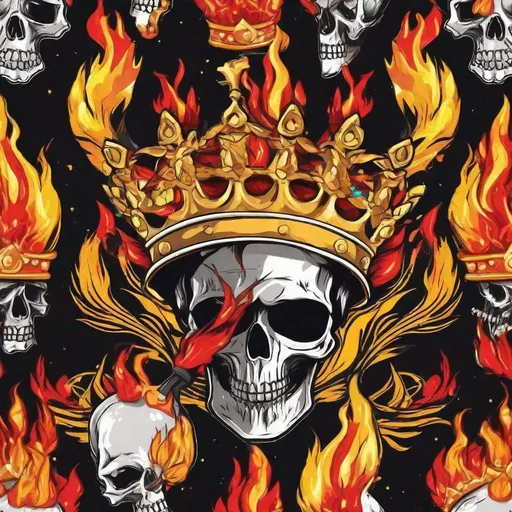 Prompt: Flaming skull wearing a crown, anime style, flag, one piece style