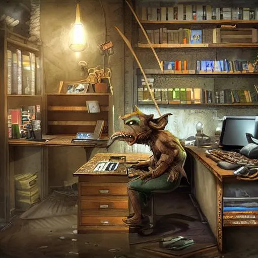 Prompt: Fantasy goblin sitting by his desk and gaming at a cubicle, realistic hyper detailed digital art.