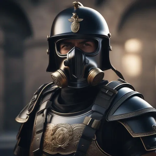 Prompt: A modern roman military male in black military armor galea helmet of roman armor, with a gunfire and gas mask, background military base, FULL BODY, Hyperrealistic, sharp focus, Professional, UHD, HDR, 8K, Render, electronic, nervous vibe, loud, tension, dark, Epic