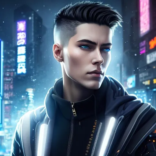 Prompt: cyberpunk male. mysterious man. insanely beautiful. perfect anatomy. symmetrically perfect face. amber eyes. hyper realistic. super detailed. soft colours. no extra limbs or hands or fingers or legs or arms. standing on the street. pale skin. smooth texture. realism. smoke effects. full body. 
