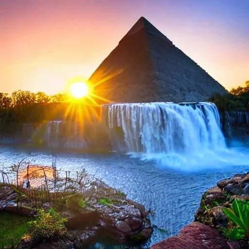 Prompt: beautiful sunrise behind pyramid with a waterfall next to it 

