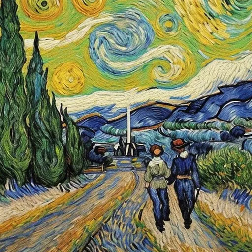 Prompt: Enjoy going on for walk,
meeting new people
I also do embroidery, show my hobby in a pic drawing with vangogh style

